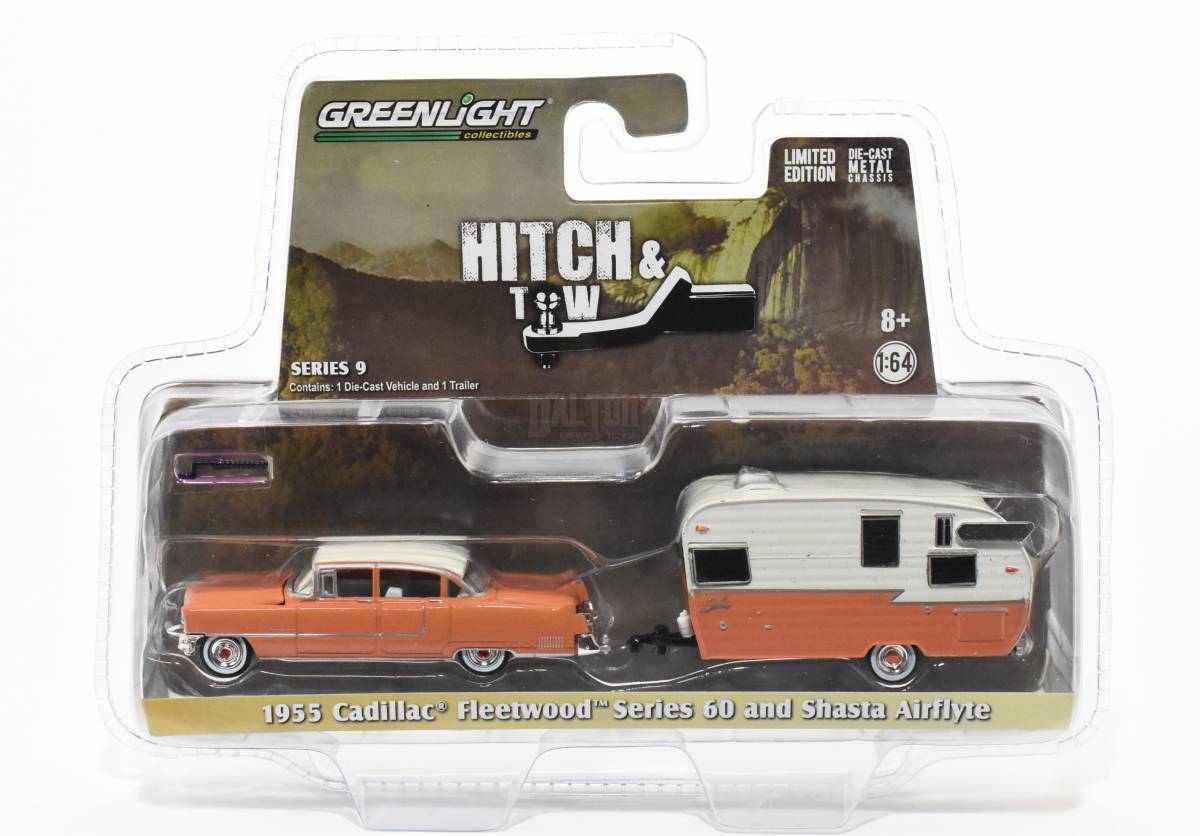 64 Hitch & Tow Series 9-1955 Cadillac Fleetwood Series & Shasta Airflyte Diecast Vehicle Greenlight 1 