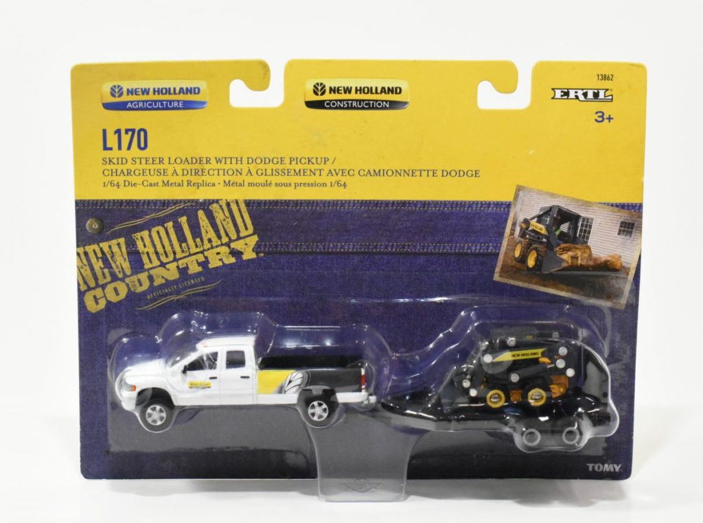 1/64 New Holland Dodge Pickup & Trailer With L170 Skid Steer Loader