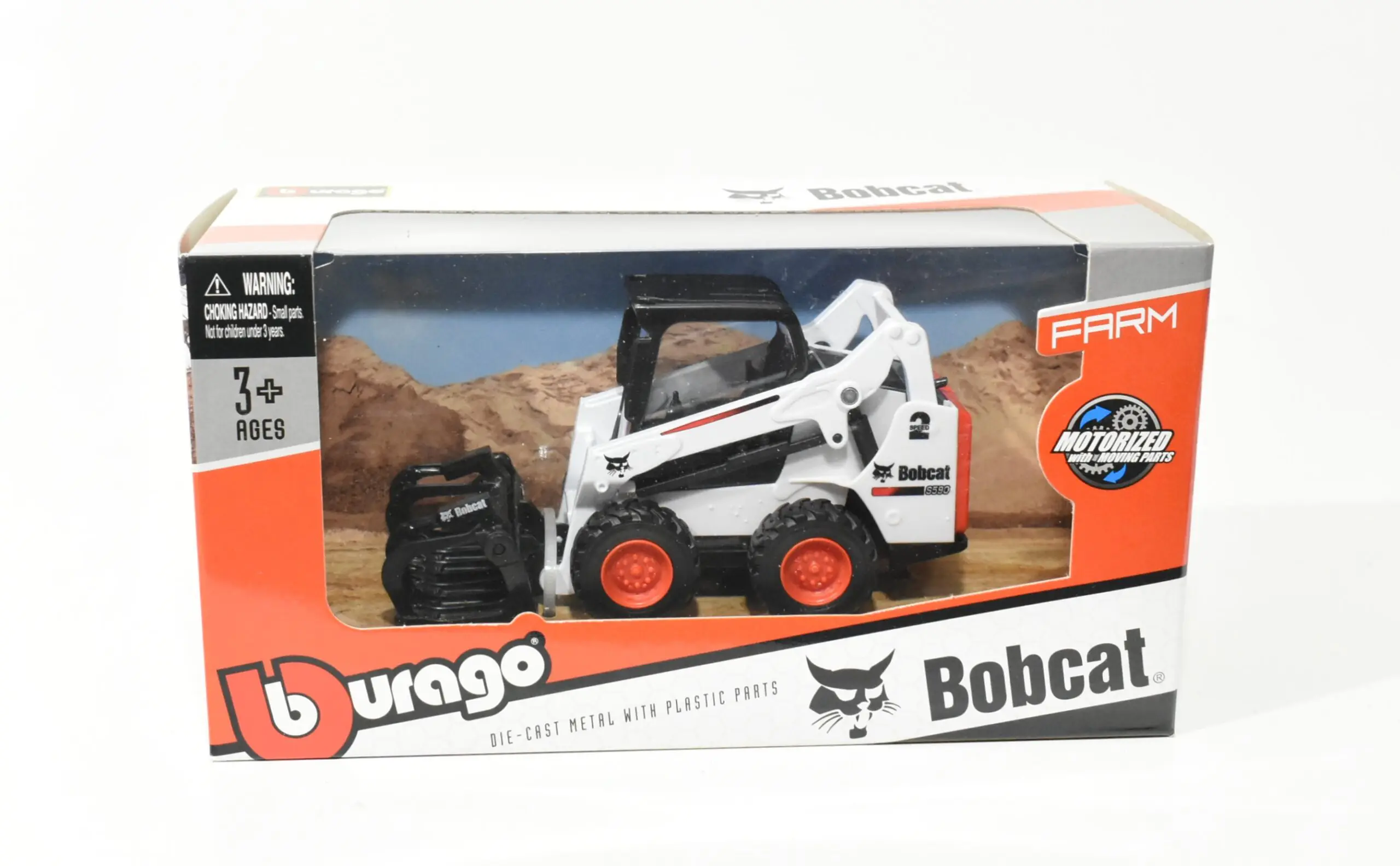 Bobcat S590 ミニカー ホワイト/オレンジ 1/32 Bobcat S590 Skid Steer Loader With Grapple Bucket - Dalton's