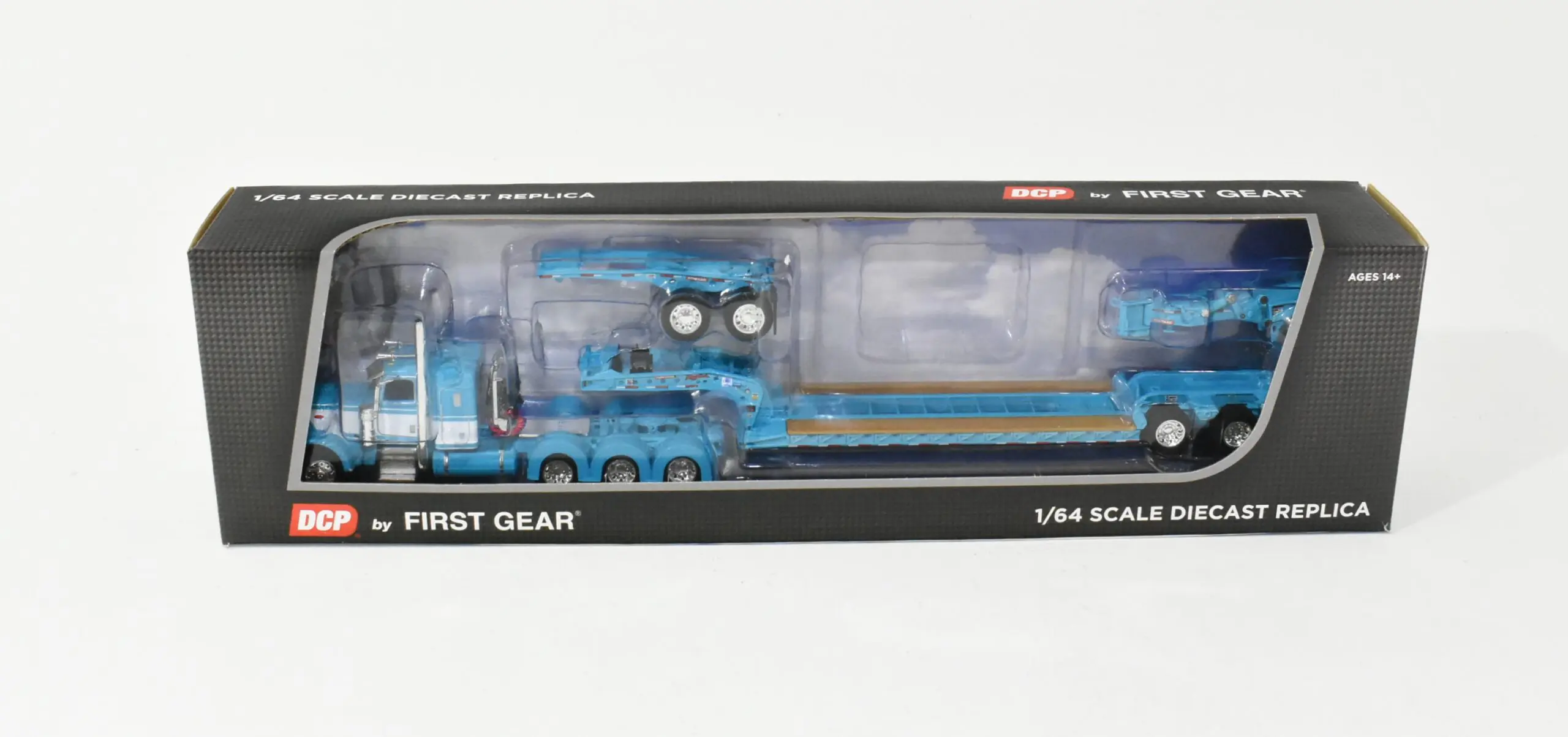 1/64 2022 Aqua Blue Peterbilt 389 Tri Axle Semi With Magnitude Heavy Haul  Lowboy Trailer DCP