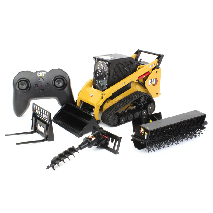 1 16 Caterpillar 297D2 Multi Terrain Tracked Skid Loader With Bucket Forks Broom Post Hole Auger Remote Control Dalton s Farm Toys