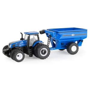 1/64 New Holland T8.385 Tractor With Duals On Front & Rear With Blue J&M Grain Cart
