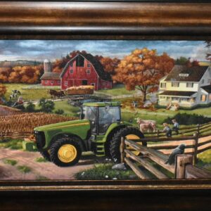 John Deere Vintage Farmstead With 8400 Tractor, Corn Picker, Model D, Framed Print 20" x 44"