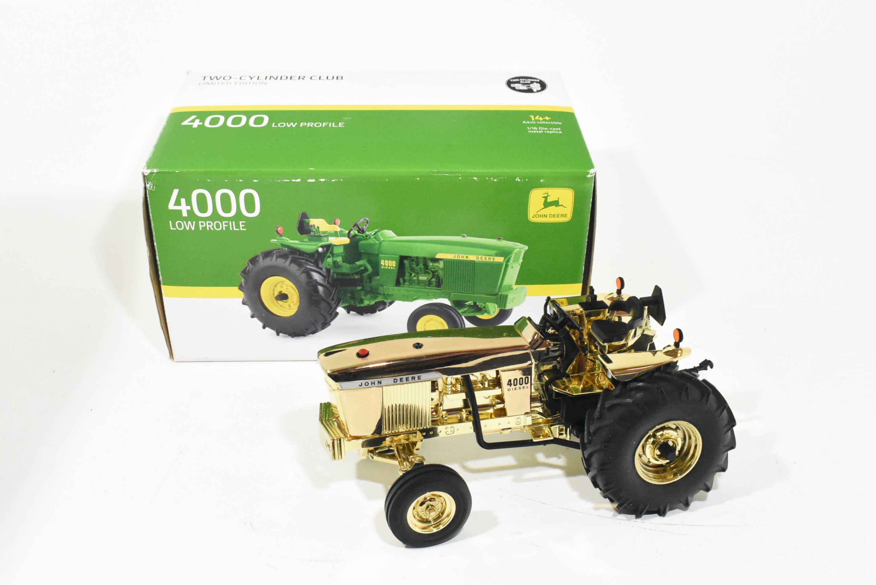 1/16 John Deere 4000 Low Profile Diesel Tractor With 3 Point Hitch, Wheel Weights, Syncro-Transmission, Two Cylinder Club, Gold