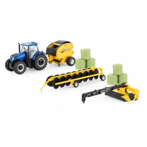 1/64 New Holland Haying Set With T7.230 Tractor, 313 Discbine, 561 Roll-Belt Round Baler, Hay Rake & 6 Round Bales